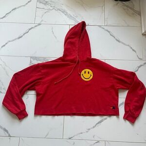 Aviator Nation Smiley 2 Relaxed Cropped Pullover Hoodie red size small